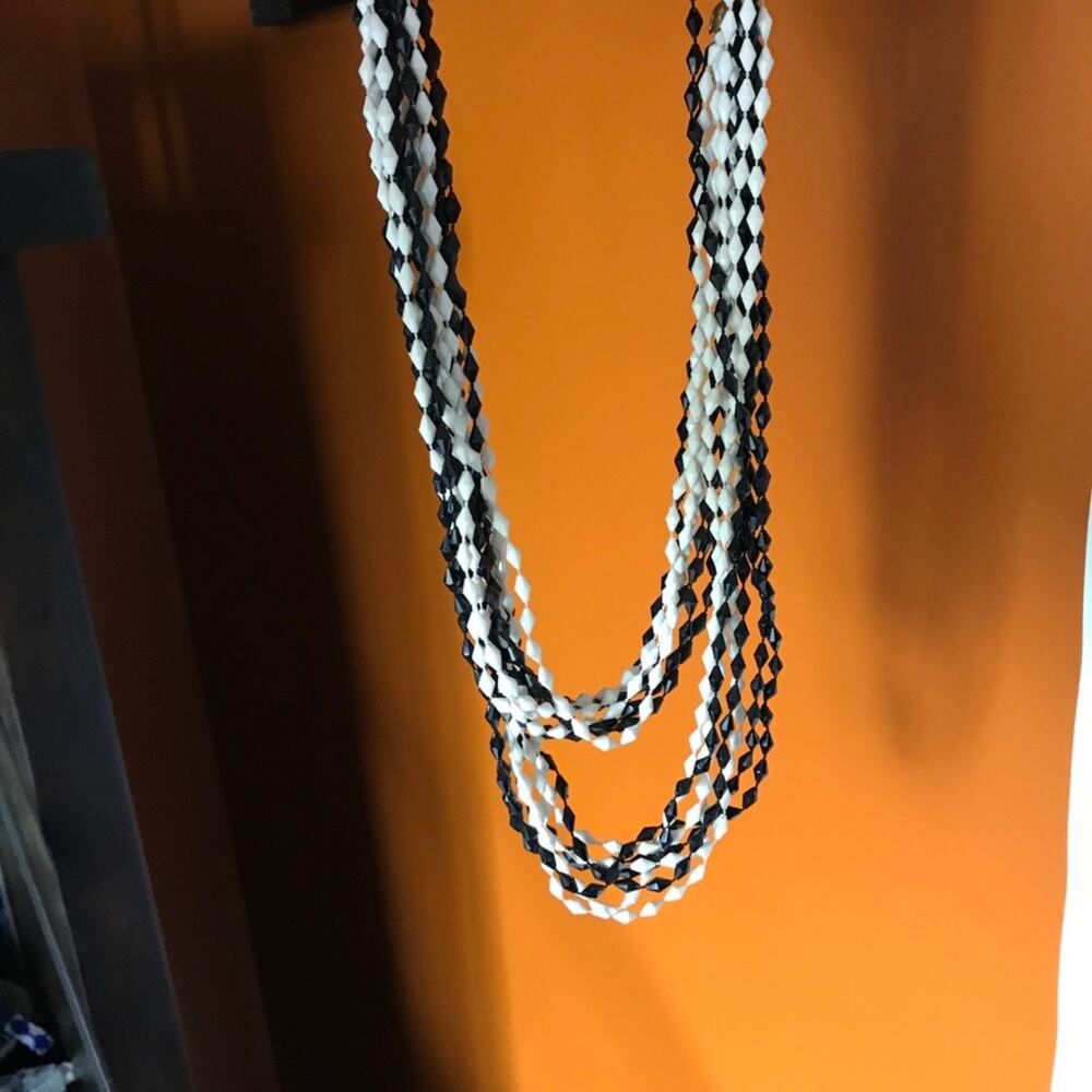 Vintage Mod groovy hippie LONG Black and White plastic multistrand necklace 45"